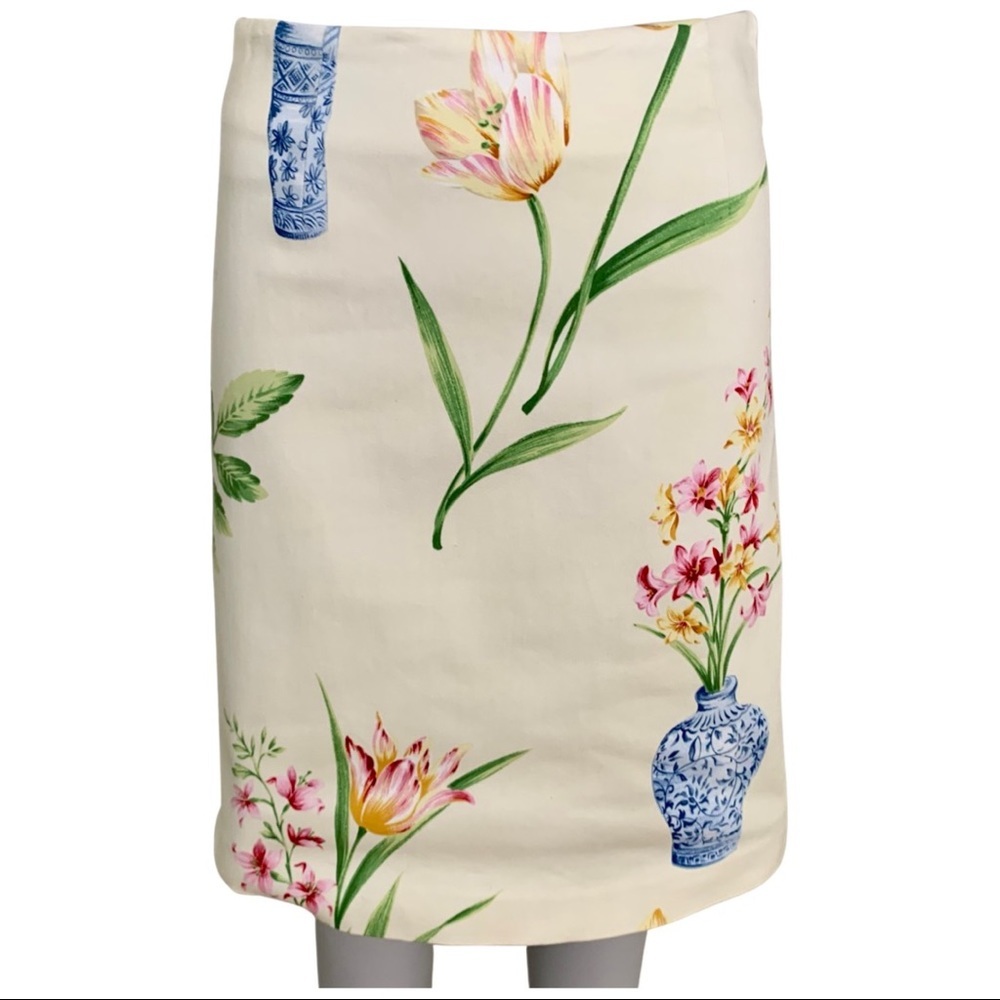 YUKA RESORT Floral Blue Vase Cotton Pencil Skirt - Picture 3 of 13